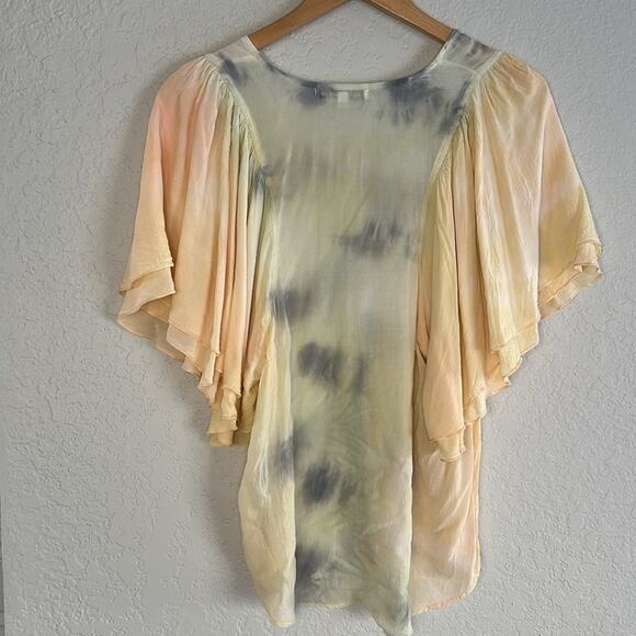 YFB Flutter Sleeve Top Tie Dye Watercolor Spring Summer Pastel Rayon Hippie - Picture 7 of 8